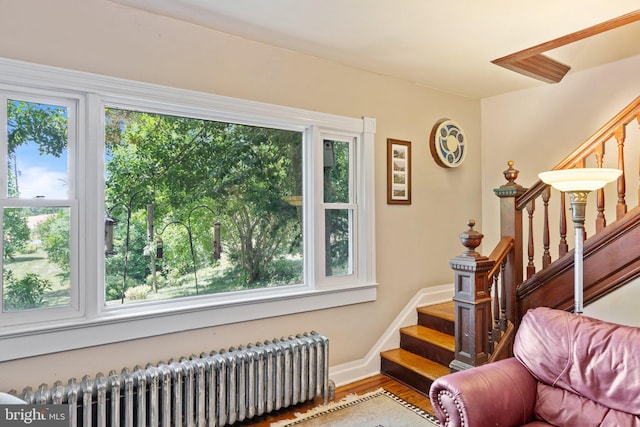 interior space with baseboards, radiator heating unit, stairway, and wood finished floors