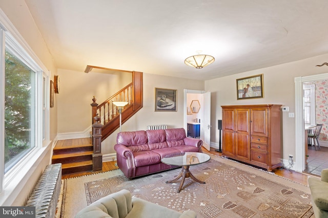 living room with light wood-type flooring, radiator heating unit, and plenty of natural light