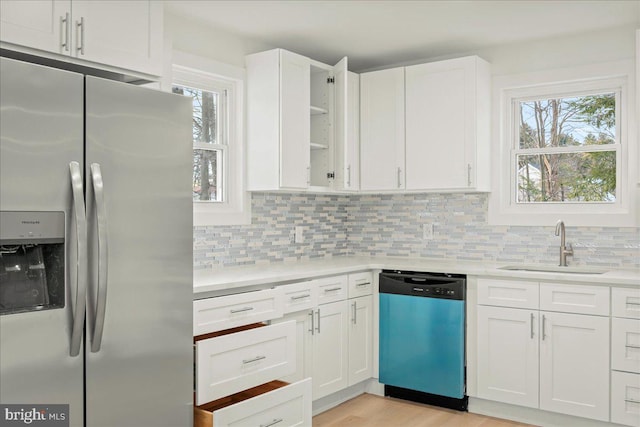 kitchen with a sink, white cabinetry, light countertops, appliances with stainless steel finishes, and backsplash