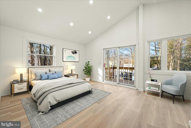 bedroom with access to outside, recessed lighting, high vaulted ceiling, light wood-type flooring, and baseboards