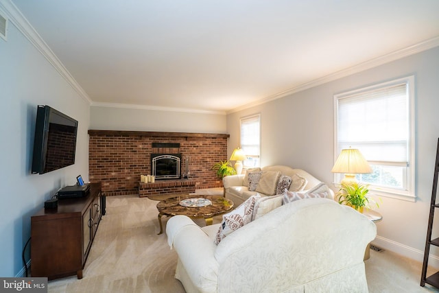 living area with a healthy amount of sunlight, baseboards, light carpet, and ornamental molding