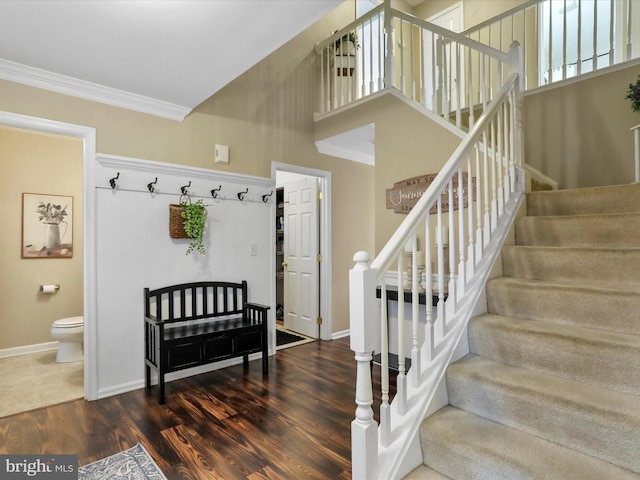 interior space featuring dark wood-style floors, a high ceiling, baseboards, and crown molding