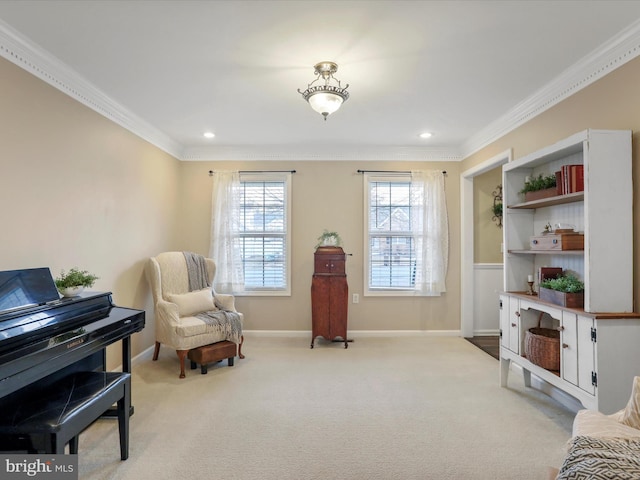 living area featuring light carpet, baseboards, ornamental molding, and recessed lighting