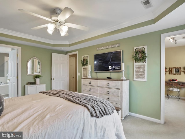 bedroom with ornamental molding, light colored carpet, visible vents, and baseboards