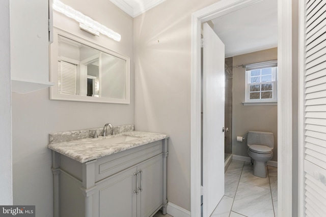 full bathroom featuring a stall shower, baseboards, toilet, marble finish floor, and vanity