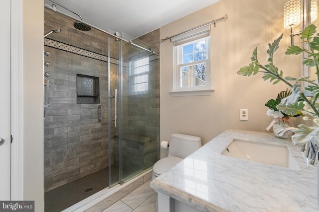 full bath with toilet, a shower stall, and vanity