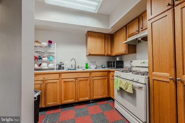 kitchen with under cabinet range hood, a sink, light countertops, white gas range oven, and stainless steel microwave