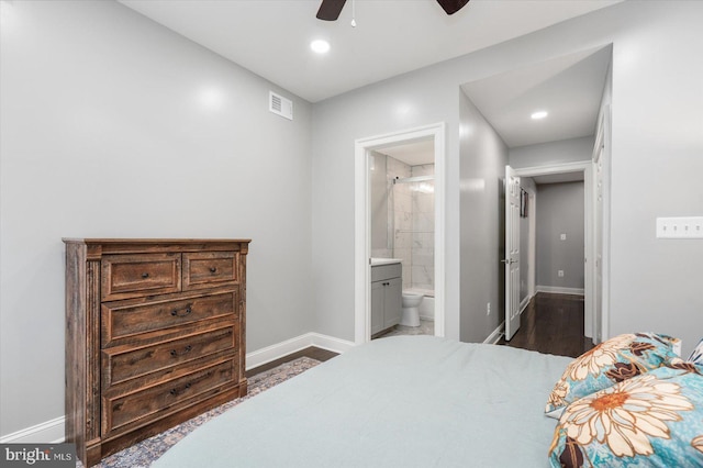 bedroom featuring recessed lighting, a ceiling fan, visible vents, baseboards, and ensuite bath