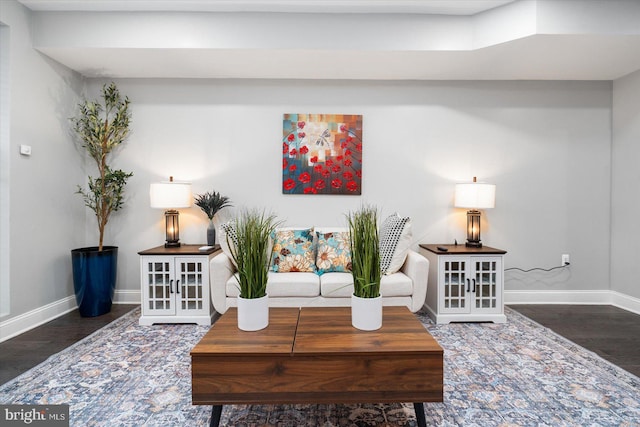 living room with dark wood-type flooring and baseboards