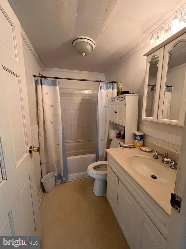 112 Mitchell St, Saint Michaels, MD 21663 - bathroom featuring ornamental molding, shower / bath combination with curtain, vanity, and toilet