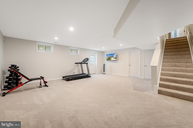 workout area with plenty of natural light, carpet, baseboards, and recessed lighting