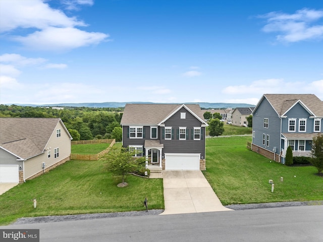 view of front of property featuring a garage, driveway, a shingled roof, and a front lawn