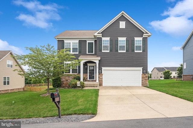 view of front facade featuring a garage, fence, concrete driveway, stone siding, and a front lawn