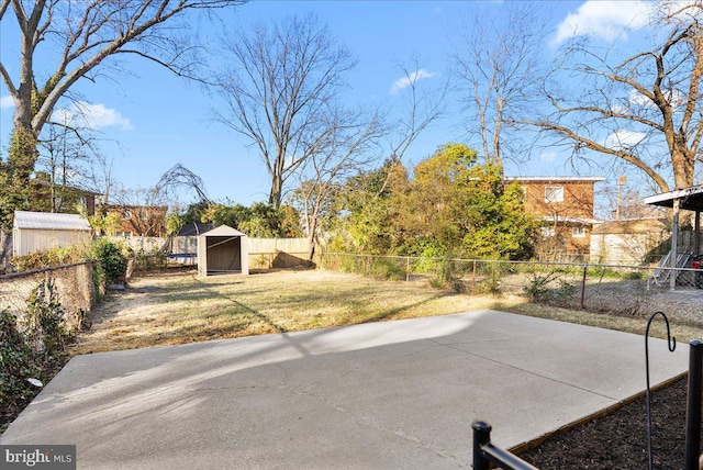 view of yard with a patio area, a fenced backyard, and an outdoor structure