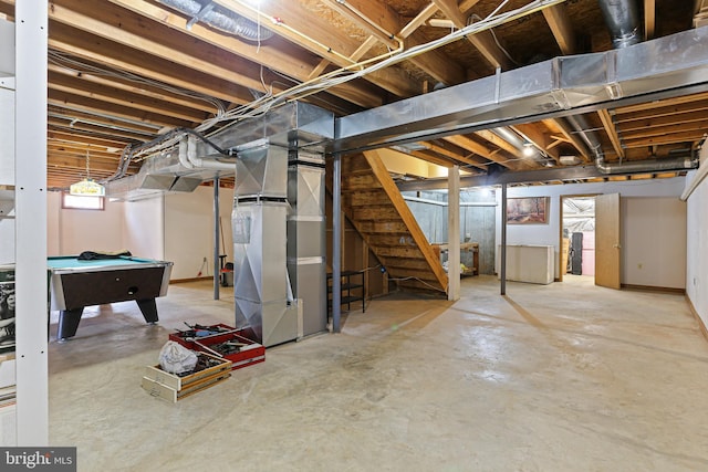20 Glade Ave, Baltimore, MD 21236 - below grade area featuring heating unit, billiards table, and stairway