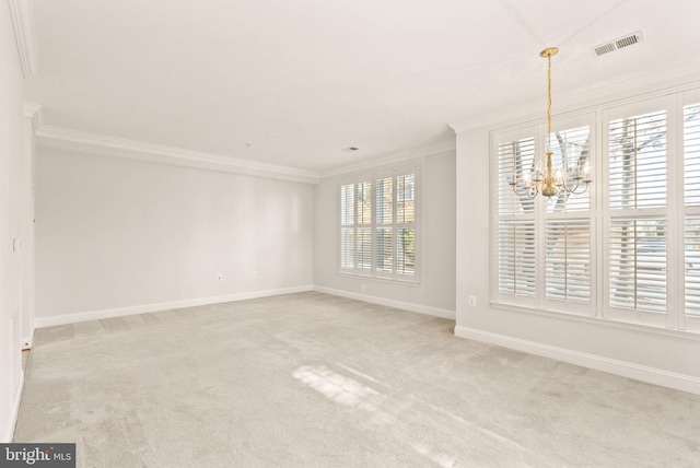 8610 Liberty Trl Unit 102, Manassas, VA 20110 - carpeted empty room featuring ornamental molding, visible vents, baseboards, and an inviting chandelier