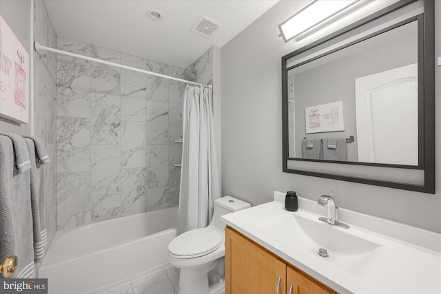 bathroom featuring toilet, vanity, visible vents, marble finish floor, and shower / bath combo