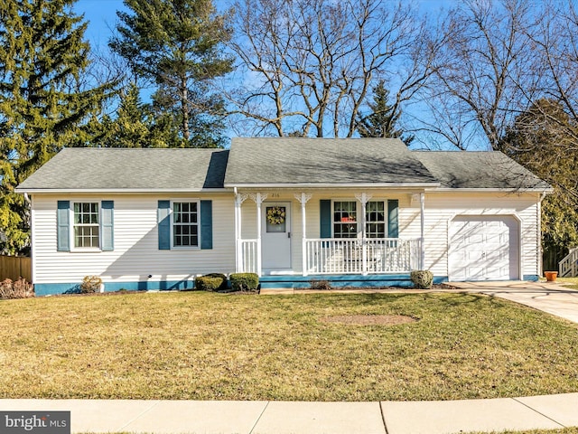 ranch-style home featuring a shingled roof, concrete driveway, an attached garage, a porch, and a front yard