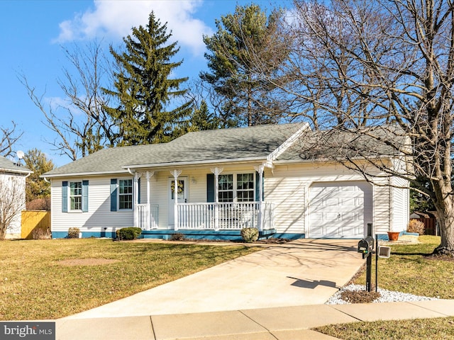 ranch-style house with a garage, a shingled roof, concrete driveway, covered porch, and a front lawn