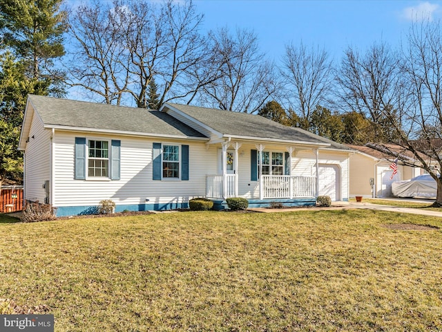 ranch-style home with a porch, a front yard, roof with shingles, and a garage