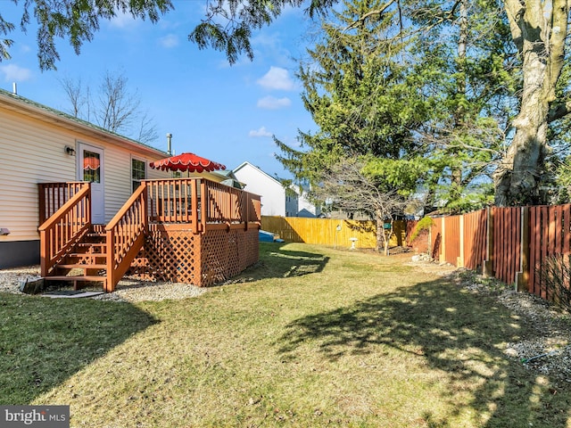 view of yard featuring a fenced backyard and a deck