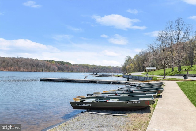 dock area with a view of trees and a water view