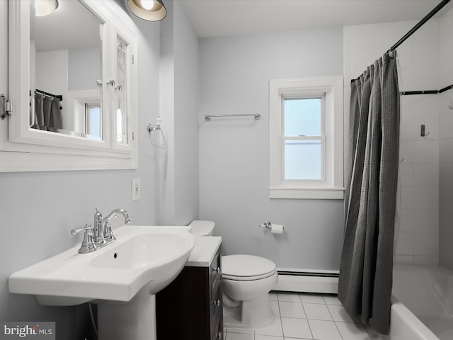 bathroom featuring tile patterned floors, a sink, toilet, baseboard heating, and shower / tub combo with curtain
