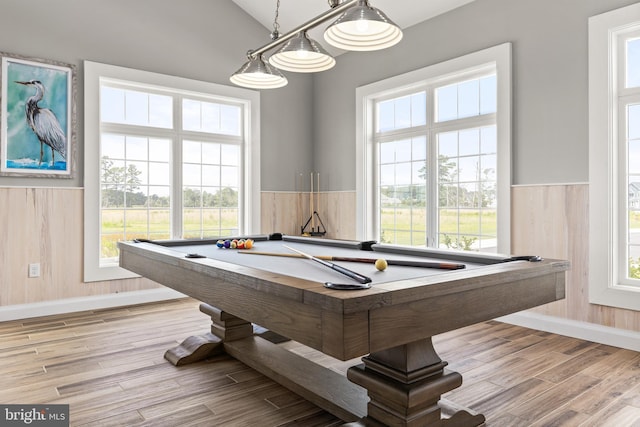 game room featuring wainscoting, billiards, wood walls, and light wood finished floors