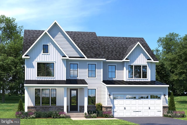 view of front facade with a standing seam roof, stone siding, and roof with shingles