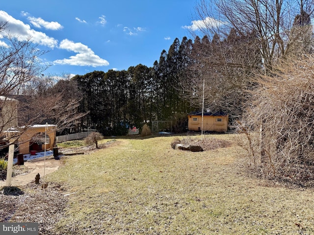 view of yard with a storage shed and an outbuilding