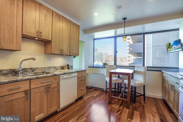 kitchen featuring stone countertops, white dishwasher, a sink, dark wood-style floors, and pendant lighting