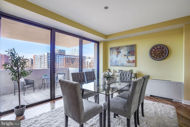 dining space featuring a city view and wood finished floors