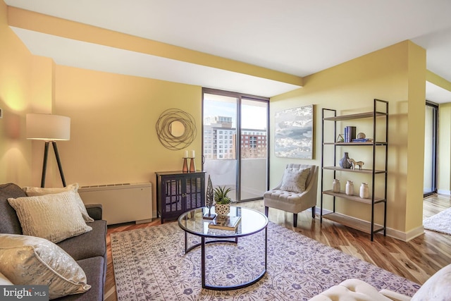 living room featuring radiator heating unit, baseboards, a wall of windows, and wood finished floors