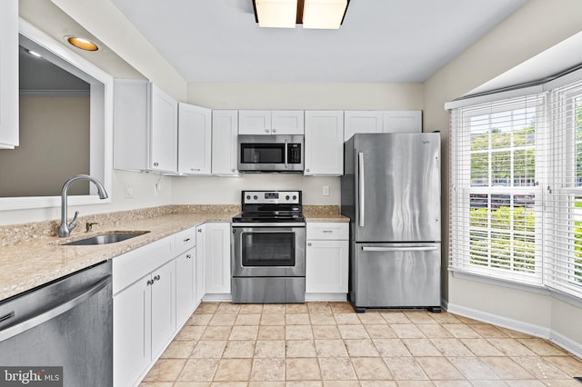 kitchen with baseboards, a sink, white cabinetry, and stainless steel appliances