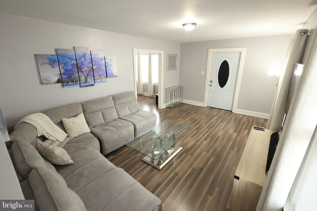 living room with radiator, dark wood finished floors, and baseboards