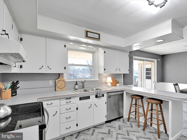 kitchen with under cabinet range hood, electric range, a sink, light countertops, and dishwasher