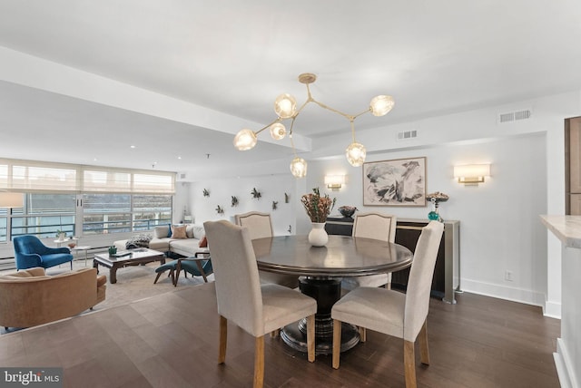 dining room featuring dark wood-style floors, visible vents, and baseboards