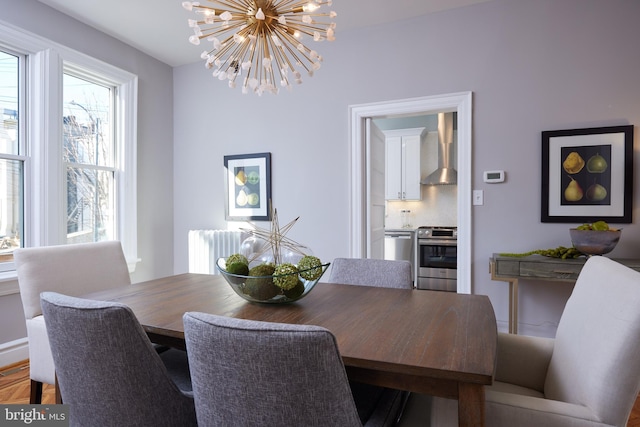 dining room featuring an inviting chandelier and radiator heating unit