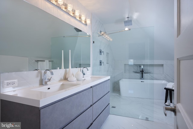 full bath featuring a freestanding bath, double vanity, a walk in shower, and a sink