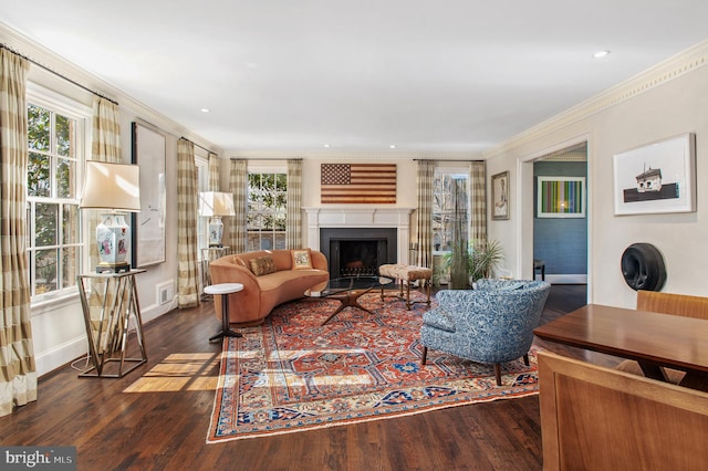 living area with baseboards, ornamental molding, recessed lighting, a fireplace, and hardwood / wood-style flooring