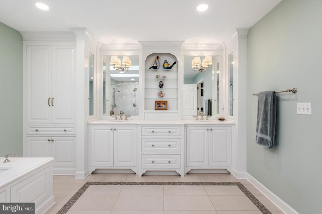 full bath with tile patterned floors, recessed lighting, baseboards, and walk in shower