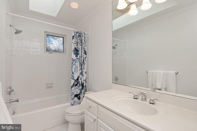 full bathroom with tile patterned flooring, crown molding, toilet, shower / bath combo with shower curtain, and vanity