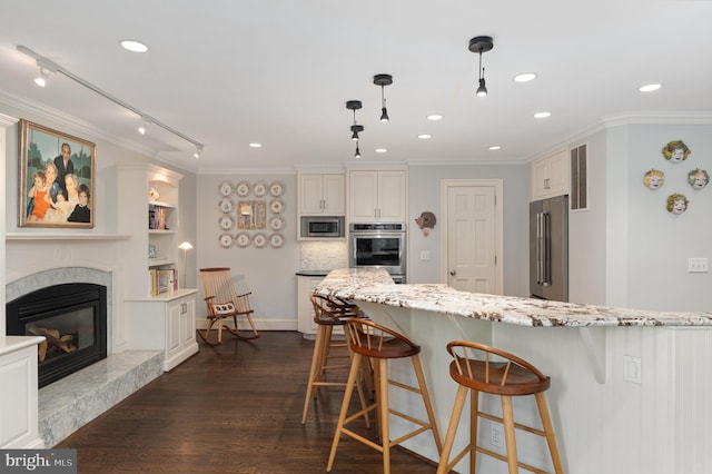 kitchen featuring dark wood-style floors, a premium fireplace, ornamental molding, appliances with stainless steel finishes, and a kitchen bar