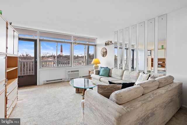 living room with a baseboard heating unit, light colored carpet, and a wall unit AC