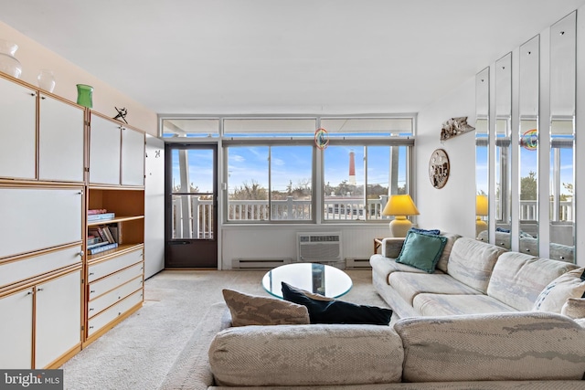 living area featuring light colored carpet, a wall unit AC, and baseboard heating