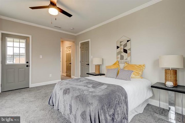 bedroom featuring crown molding, light colored carpet, visible vents, ceiling fan, and baseboards