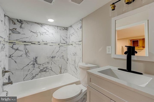 bathroom featuring shower / bath combination, visible vents, toilet, and vanity