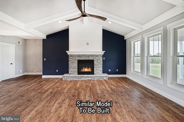 unfurnished living room with vaulted ceiling with beams, a fireplace, visible vents, baseboards, and dark wood finished floors