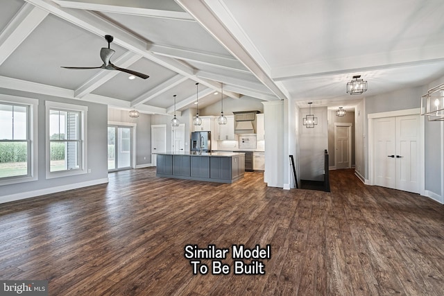 kitchen with open floor plan, dark wood-style flooring, decorative light fixtures, a kitchen island with sink, and stainless steel refrigerator with ice dispenser