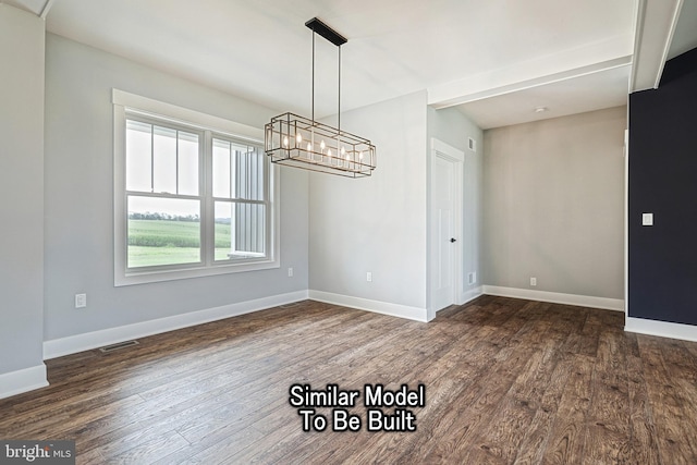 unfurnished dining area with baseboards, visible vents, a chandelier, and dark wood-style flooring